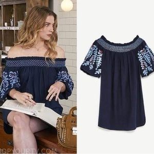 ASO Alexis Rose Zara Navy Blue Off Shoulder Embroidered Dress